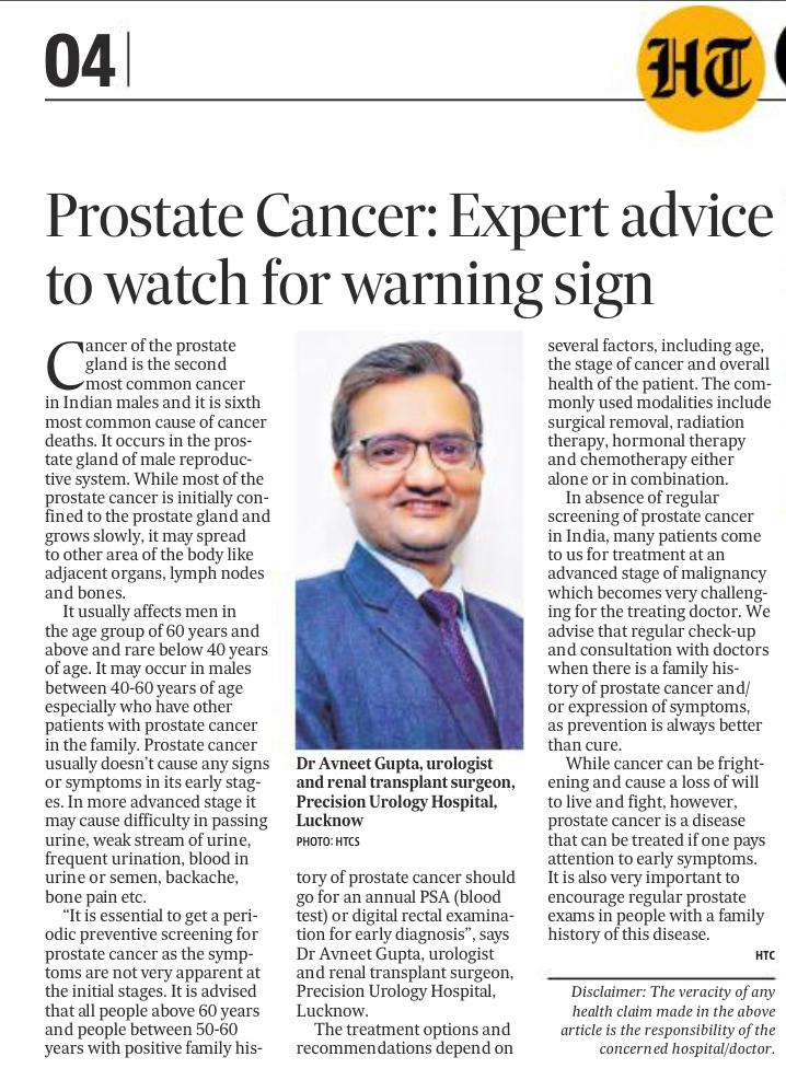 Prostate Cancer: Expert advice to watch for warning sign : Dr. Avneet Gupta published in Hindustan Times